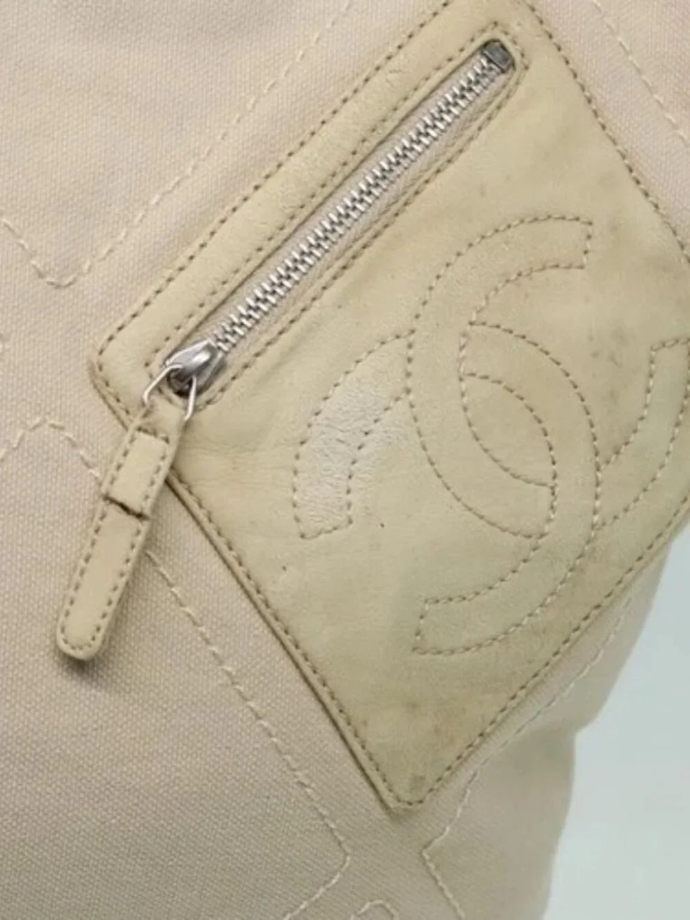 CHANEL COCO Mark Tote Bag Canvas Beige Silver CC Auth bs18464